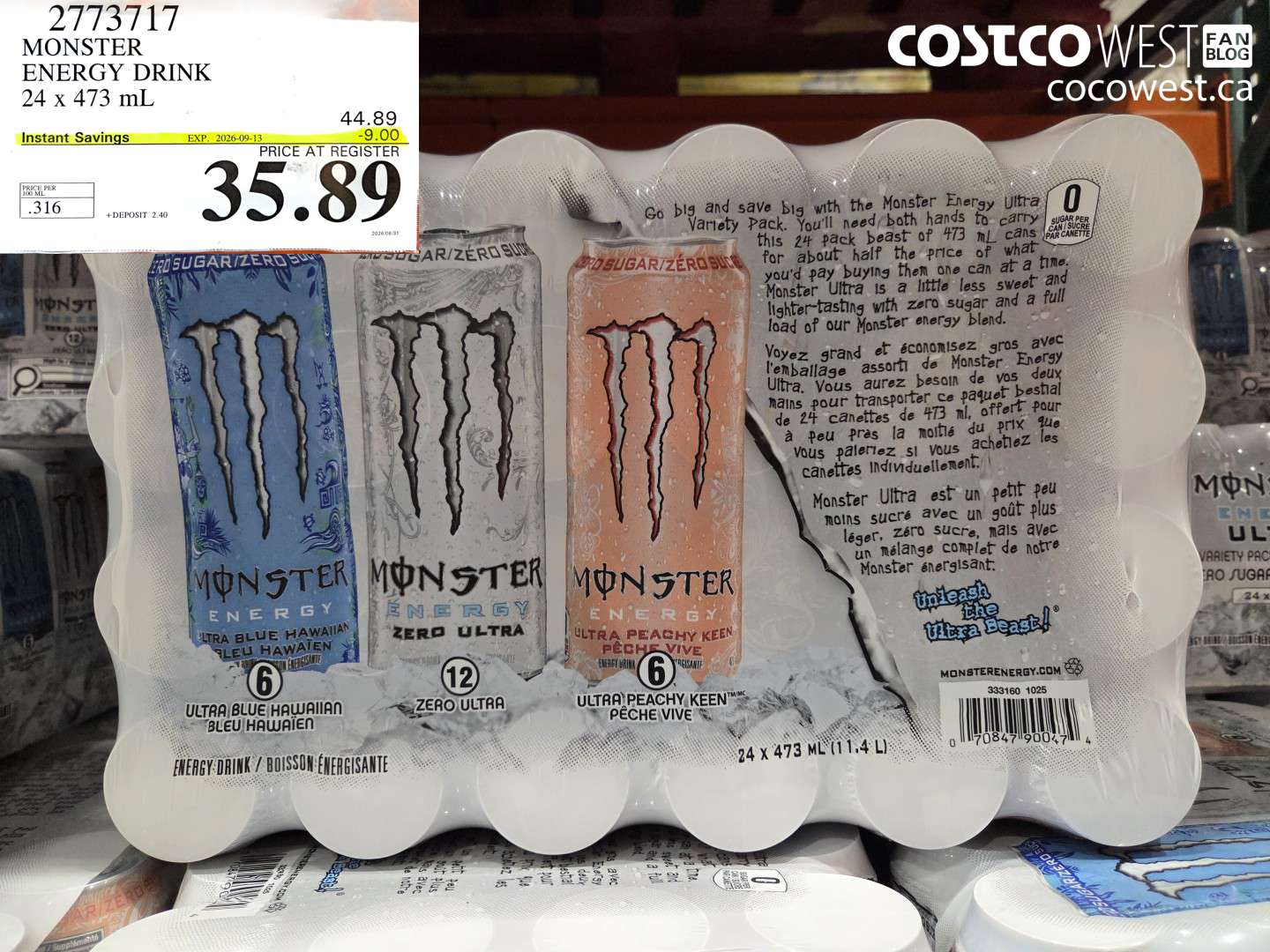 2773717 MONSTER ENERGY DRINK 24 X 473 ML ($9.00 INSTANT SAVINGS EXPIRES ON 2026-09-13) $35.89
