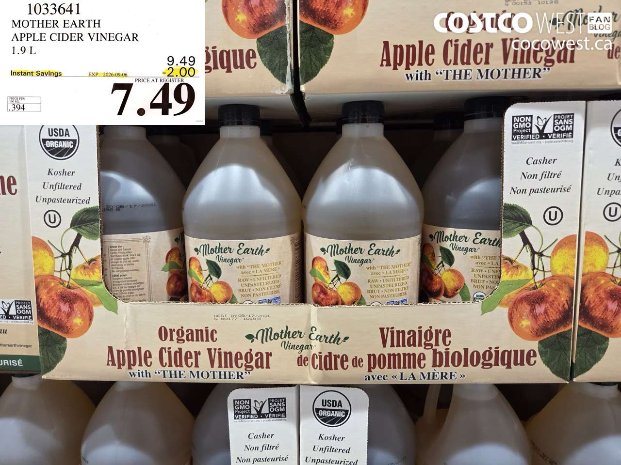 1033641 MOTHER EARTH APPLE CIDER VINEGAR 1.9 L ($2.00 INSTANT SAVINGS EXPIRES ON 2026-09-06) $7.49