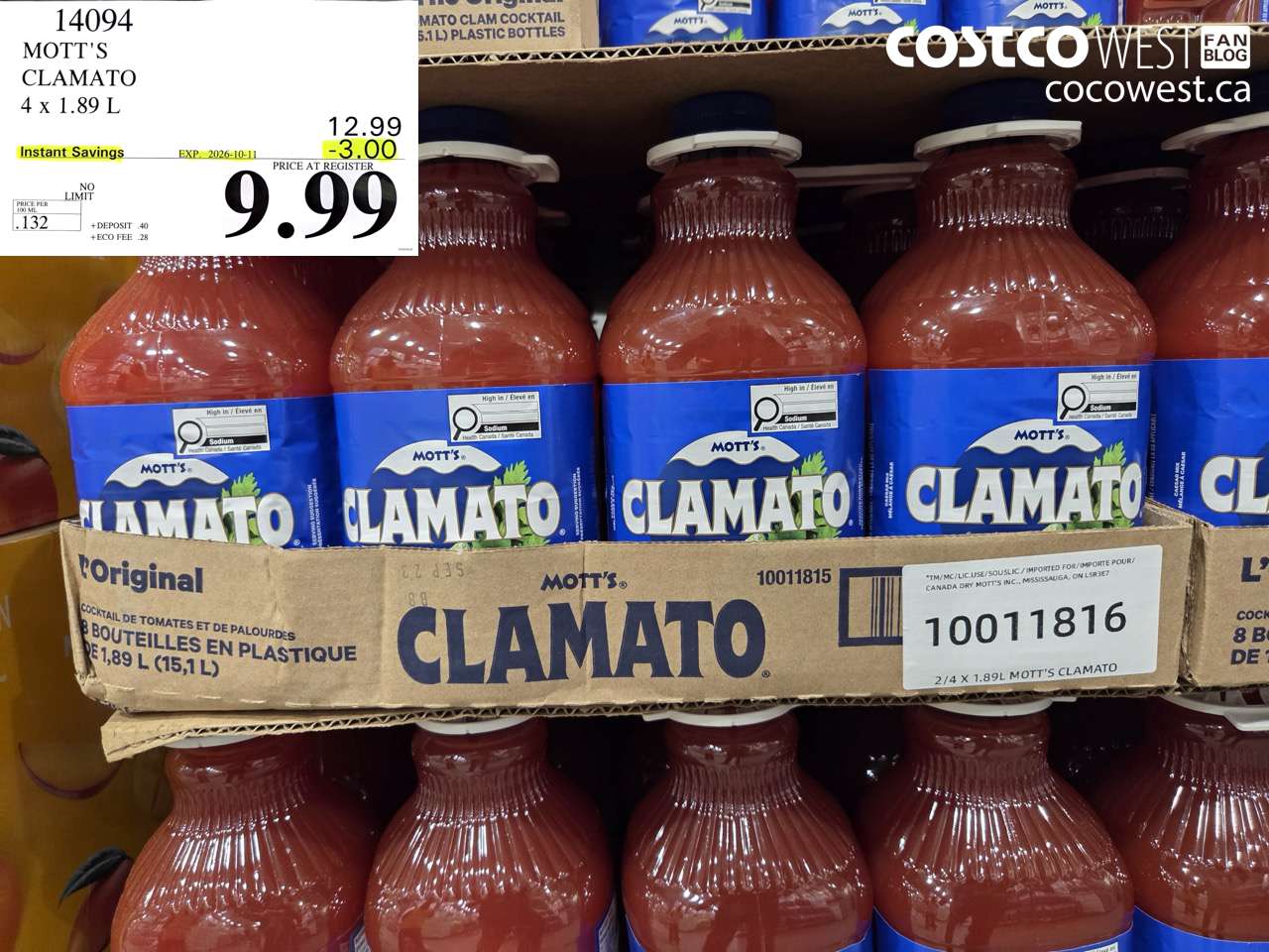 14094 MOTT'S CLAMATO 4 X 1.89 L ($3.00 INSTANT SAVINGS EXPIRES ON 2026-10-11) $9.99