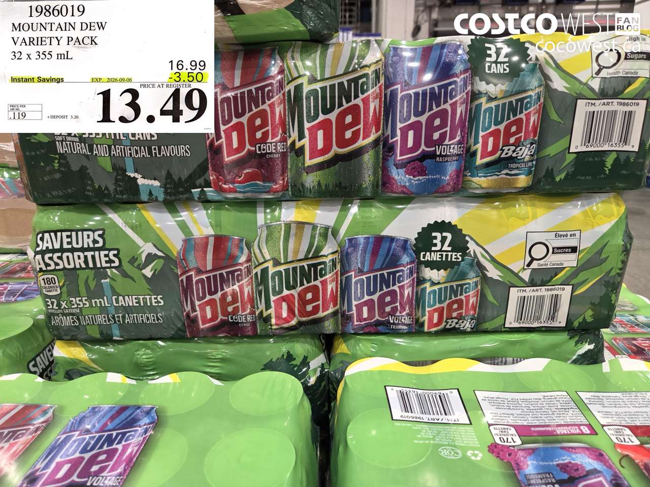 1986019 MOUNTAIN DEW VARIETY PACK 32 X 355 ML ($3.50 INSTANT SAVINGS EXPIRES ON 2026-09-06) $13.49