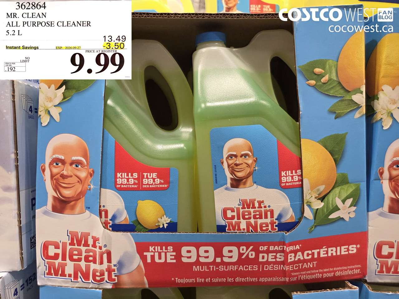 362864 MR. CLEAN ALL PURPOSE CLEANER 5.2 L ($3.50 INSTANT SAVINGS EXPIRES ON 2026-09-27) $9.99