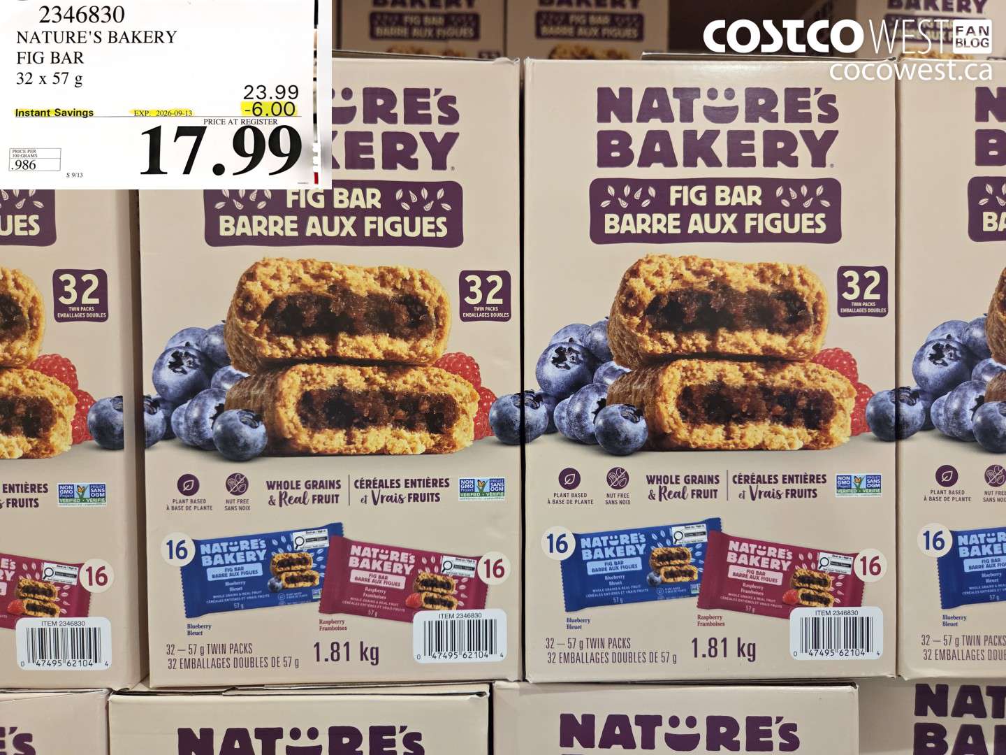 2346830 NATURE'S BAKERY FIG BAR 32 X 57 G ($6.00 INSTANT SAVINGS EXPIRES ON 2026-09-13) $17.99
