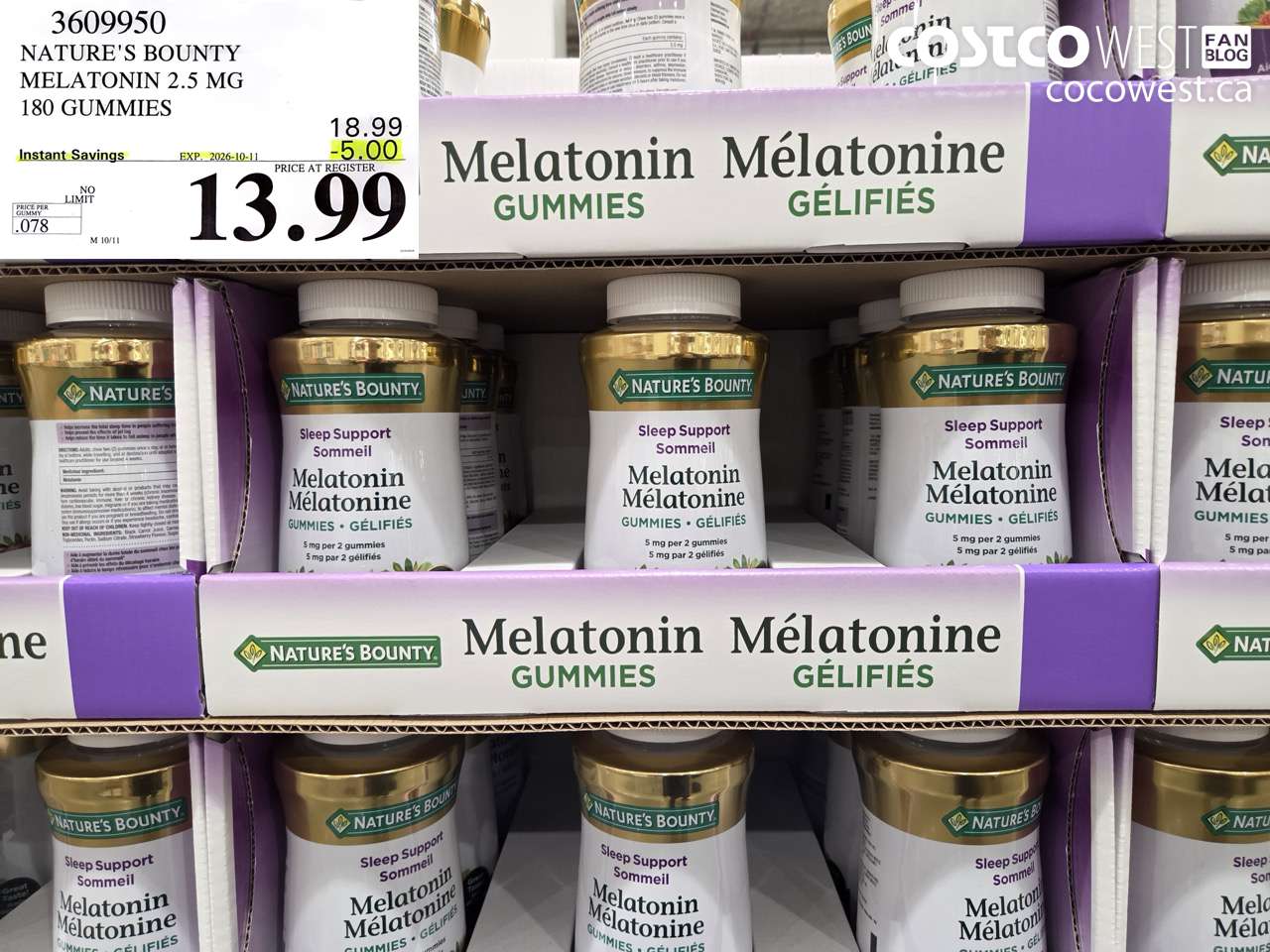 3609950 NATURE'S BOUNTY MELATONIN 2.5 MG 180 GUMMIES ($5.00 INSTANT SAVINGS EXPIRES ON 2026-10-11) $13.99