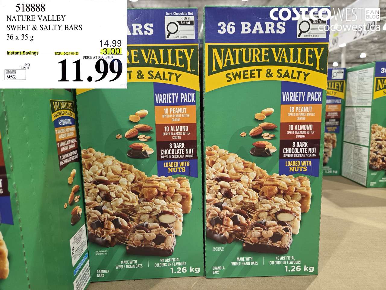 518888 NATURE VALLEY SWEET & SALTY BARS 36 X 35 G ($3.00 INSTANT SAVINGS EXPIRES ON 2026-09-23) $11.99