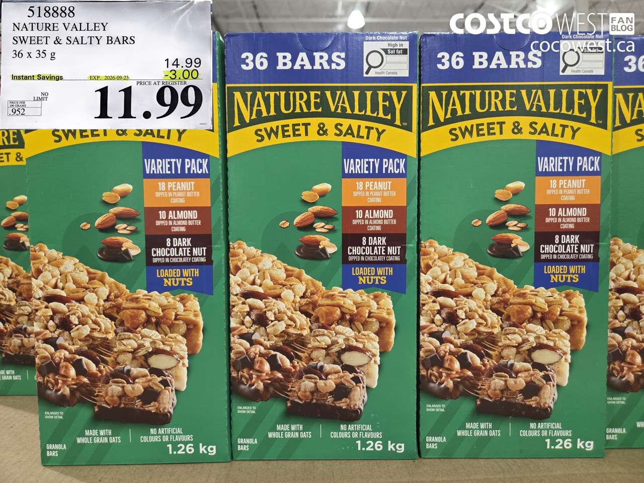518888 NATURE VALLEY SWEET & SALTY BARS 36 X 35 G ($3.00 INSTANT SAVINGS EXPIRES ON 2026-09-23) $11.99