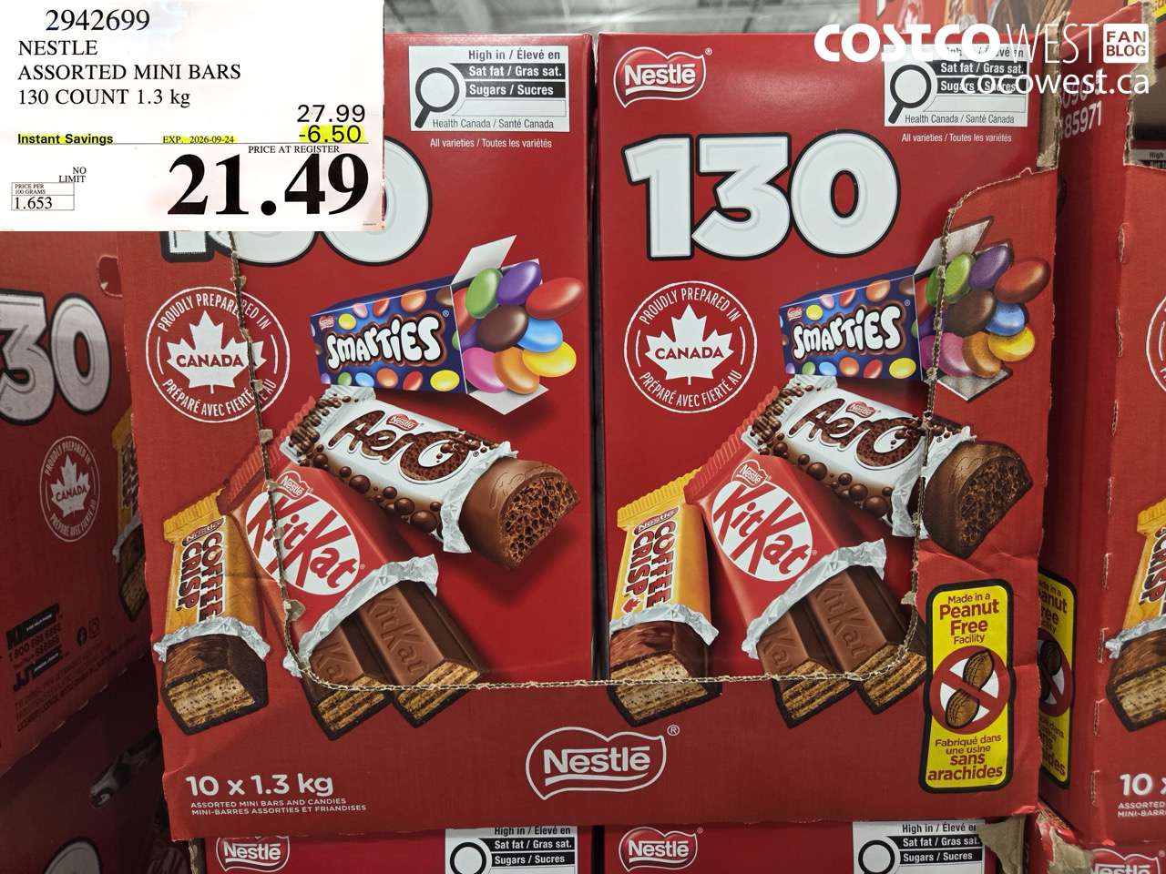 2942699 NESTLE ASSORTED MINI BARS 130 COUNT 1.3 KG ($6.50 INSTANT SAVINGS EXPIRES ON 2026-09-24) $21.49
