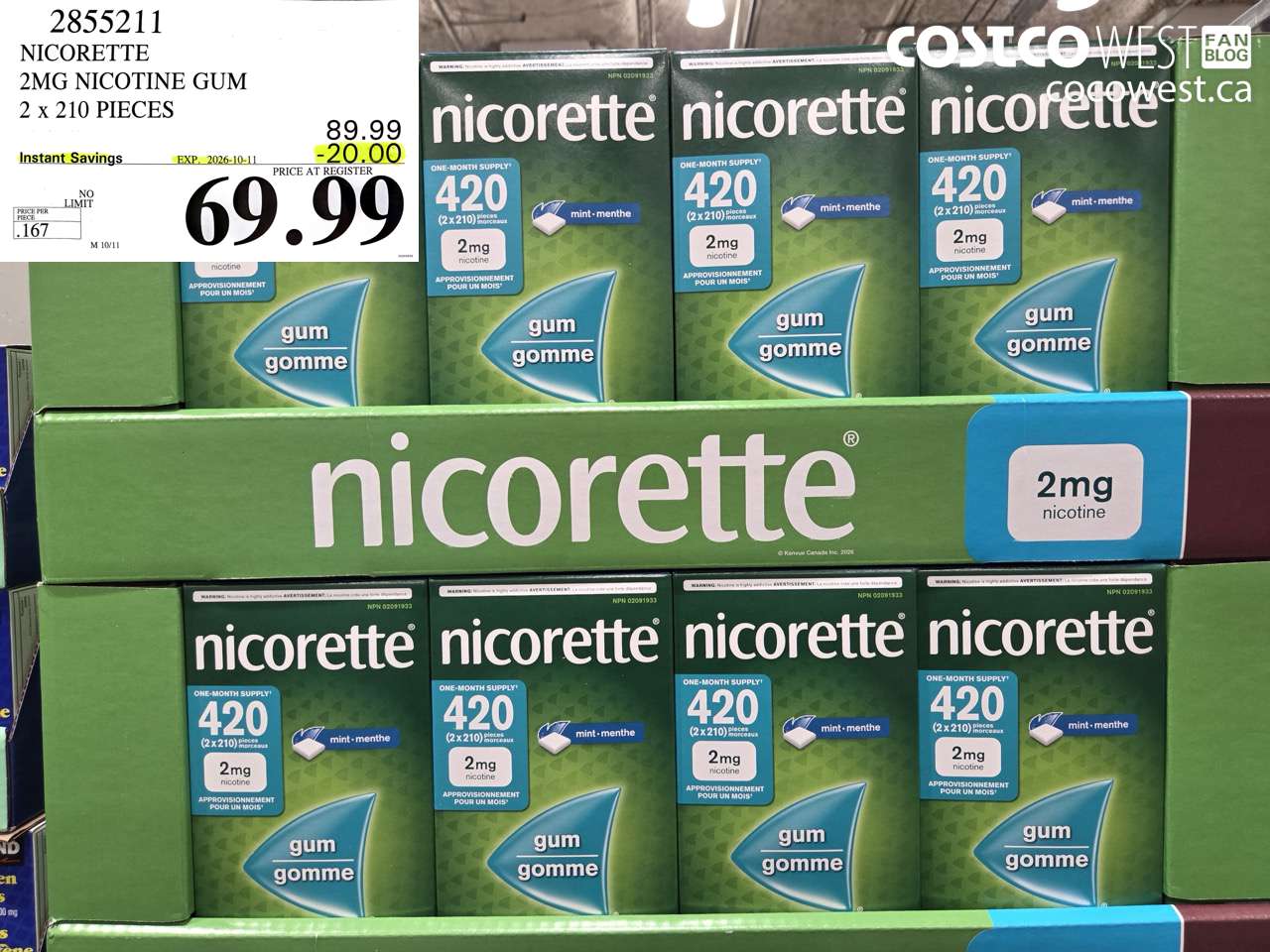 2855211 NICORETTE 2MG NICOTINE GUM 2 X 210 PIECES ($20.00 INSTANT SAVINGS EXPIRES ON 2026-10-11) $69.99