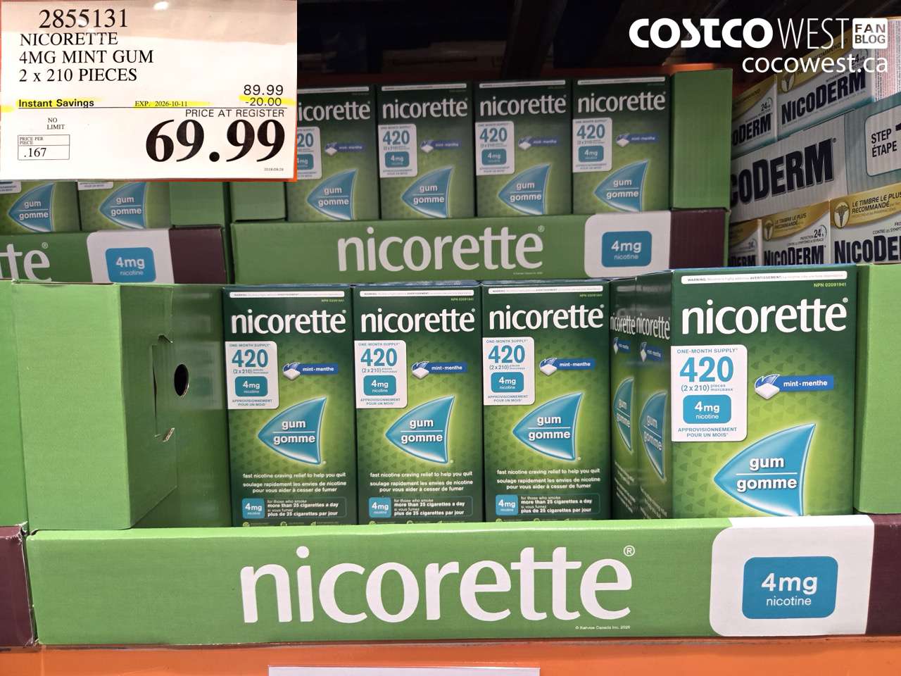 2855131 NICORETTE 4MG MINT GUM 2 X 210 PIECES ($20.00 INSTANT SAVINGS EXPIRES ON 2026-10-11) $69.99