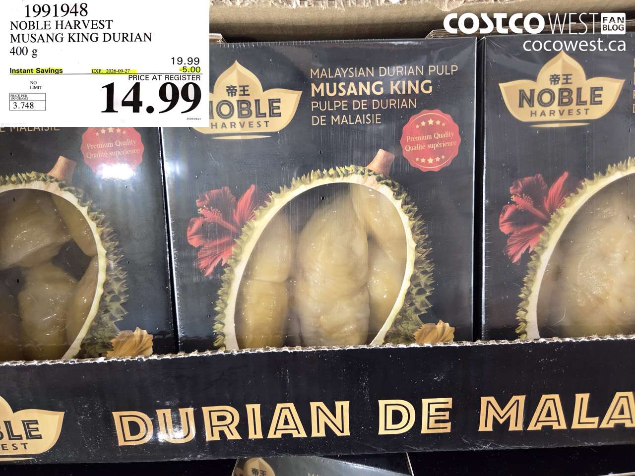 1991948 NOBLE HARVEST MUSANG KING DURIAN 400 G ($5.00 INSTANT SAVINGS EXPIRES ON 2026-09-27) $14.99