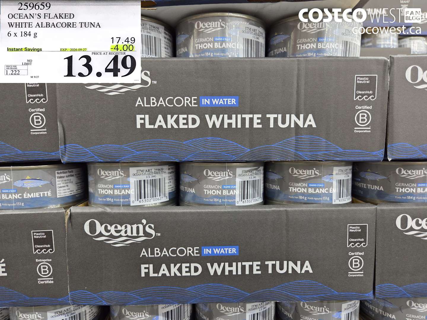 259659 OCEAN'S FLAKED WHITE ALBACORE TUNA 6 X 184 G ($4.00 INSTANT SAVINGS EXPIRES ON 2026-09-27) $13.49