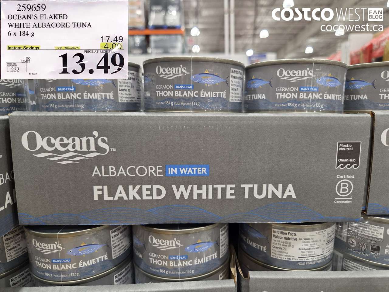 259659 OCEAN'S FLAKED WHITE ALBACORE TUNA 6 X 184 G ($4.00 INSTANT SAVINGS EXPIRES ON 2026-09-27) $13.49