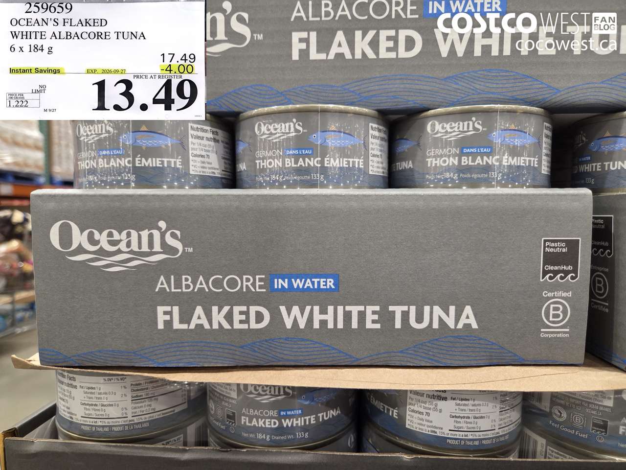 259659 OCEAN'S FLAKED WHITE ALBACORE TUNA 6 X 184 G ($4.00 INSTANT SAVINGS EXPIRES ON 2026-09-27) $13.49
