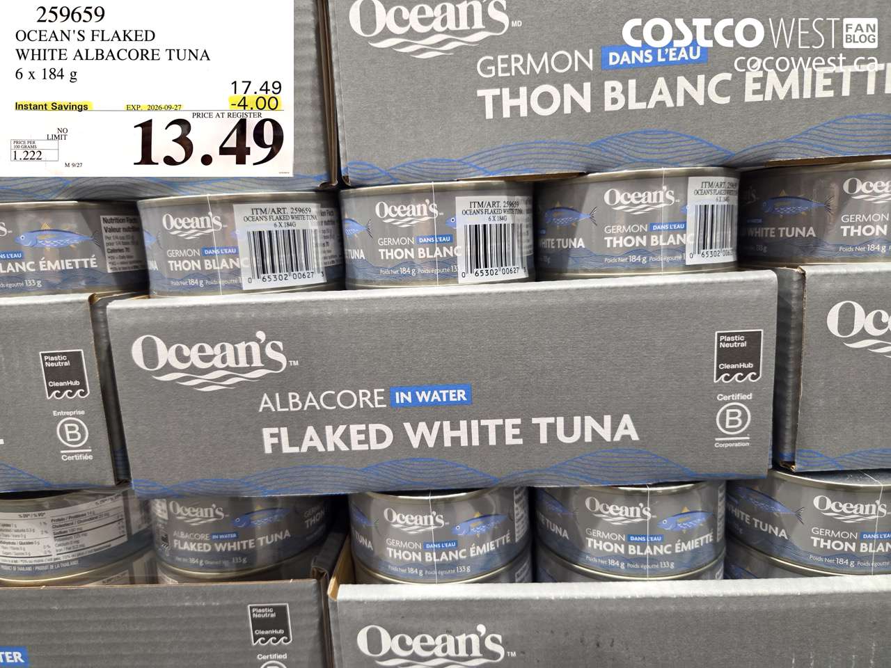 259659 OCEAN'S FLAKED WHITE ALBACORE TUNA 6 X 184 G ($4.00 INSTANT SAVINGS EXPIRES ON 2026-09-27) $13.49