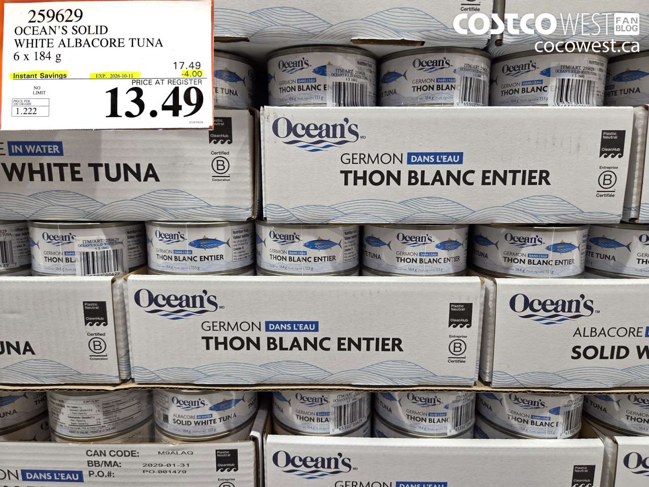 259629 OCEAN'S SOLID WHITE ALBACORE TUNA 6 X 184 G ($4.00 INSTANT SAVINGS EXPIRES ON 2026-10-11) $13.49