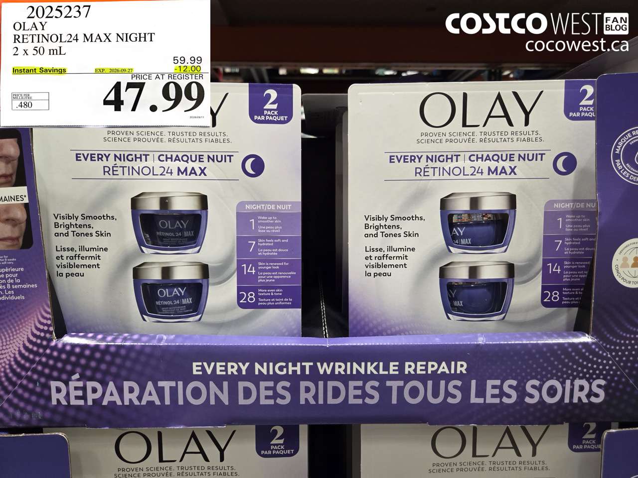 2025237 OLAY RETINOL24 MAX NIGHT 2 X 50 ML ($12.00 INSTANT SAVINGS EXPIRES ON 2026-09-27) $47.99