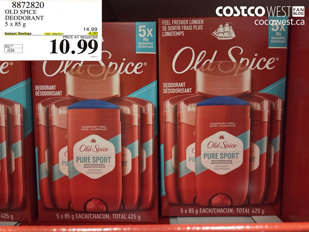 8872820 OLD SPICE DEODORANT 5 X 85 G ($4.00 INSTANT SAVINGS EXPIRES ON 2026-09-27) $10.99