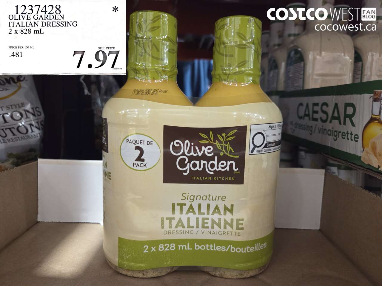 1237428 OLIVE GARDEN ITALIAN DRESSING 2 X 828 ML $7.97