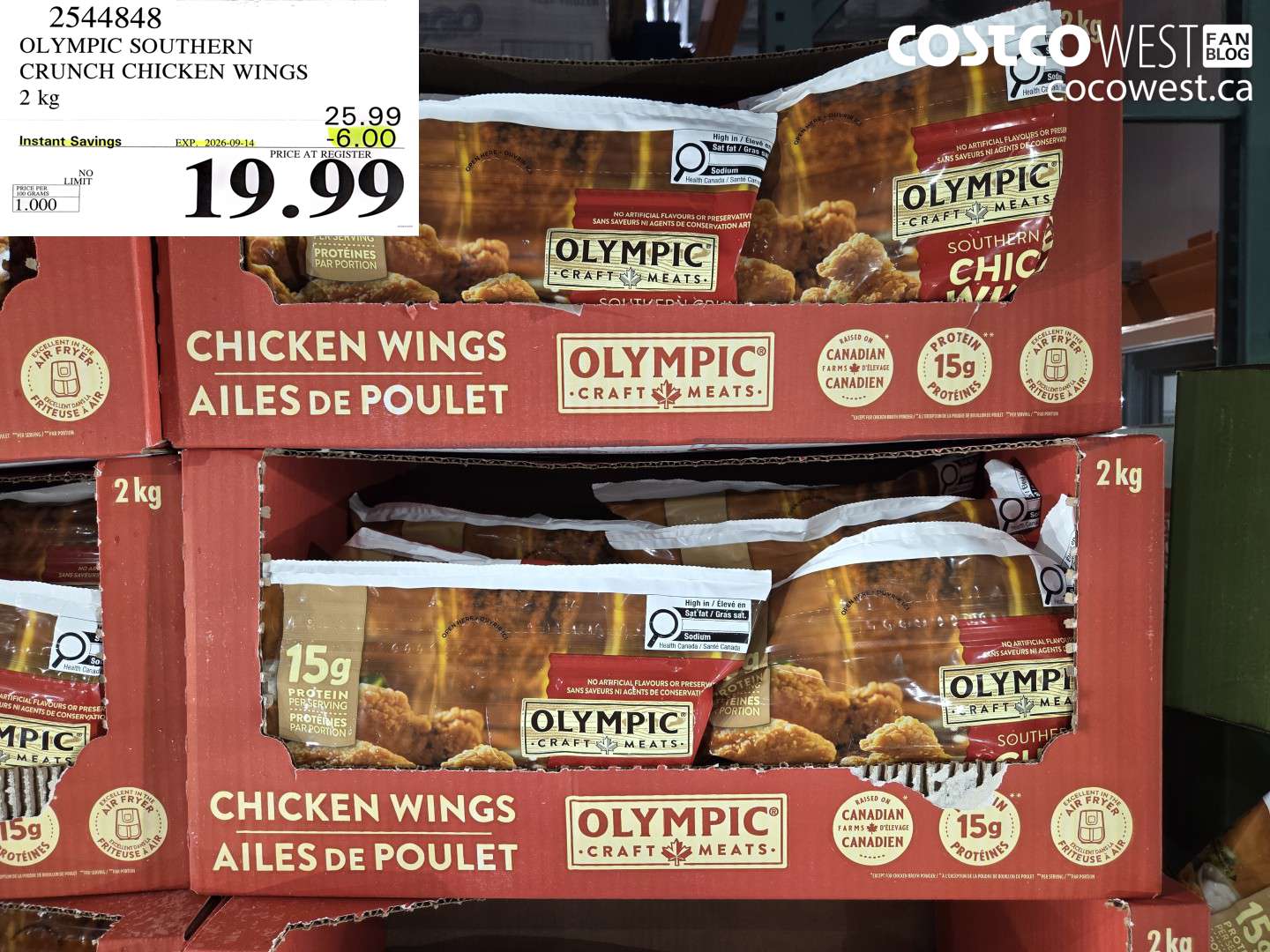 2544848 OLYMPIC SOUTHERN CRUNCH CHICKEN WINGS 2 KG ($6.00 INSTANT SAVINGS EXPIRES ON 2026-09-14) $19.99