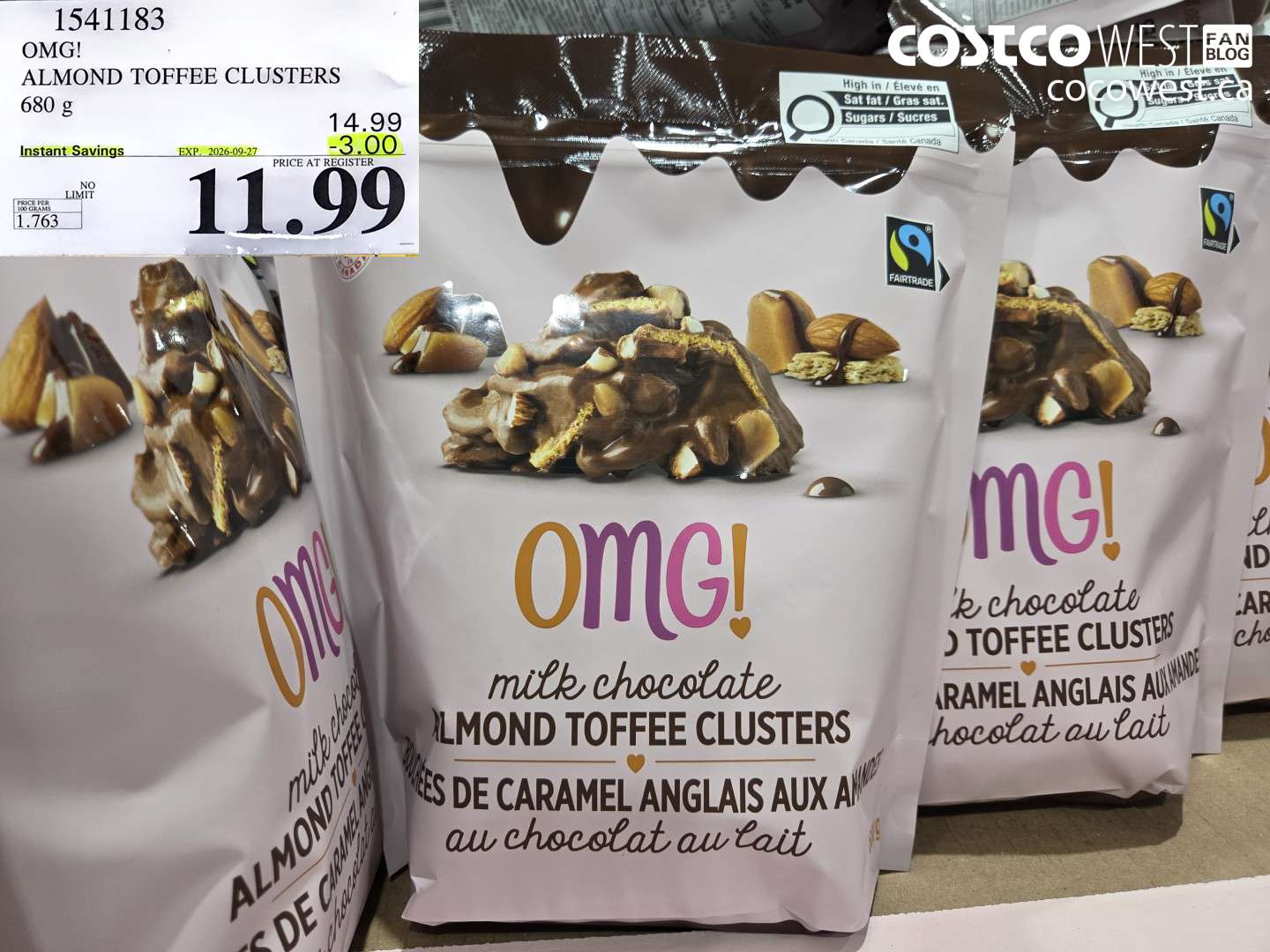 1541183 OMG! ALMOND TOFFEE CLUSTERS 680 G ($3.00 INSTANT SAVINGS EXPIRES ON 2026-09-27) $11.99