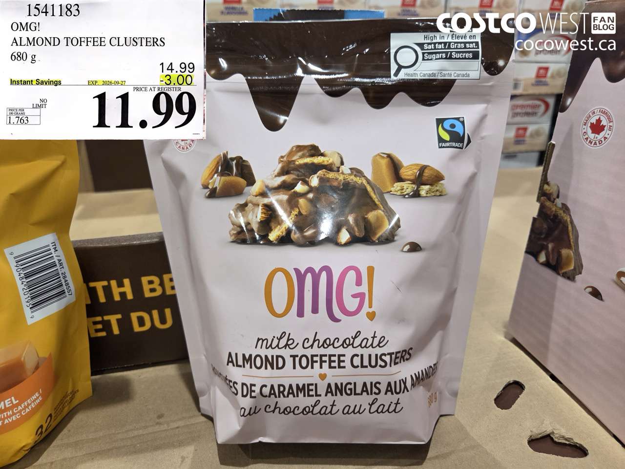 1541183 OMG! ALMOND TOFFEE CLUSTERS 680 G ($3.00 INSTANT SAVINGS EXPIRES ON 2026-09-27) $11.99