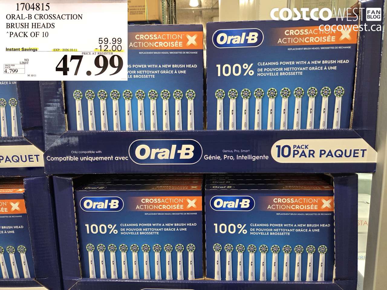 1704815 ORAL-B CROSSACTION BRUSH HEADS PACK OF 10 ($12.00 INSTANT SAVINGS EXPIRES ON 2026-10-11) $47.99
