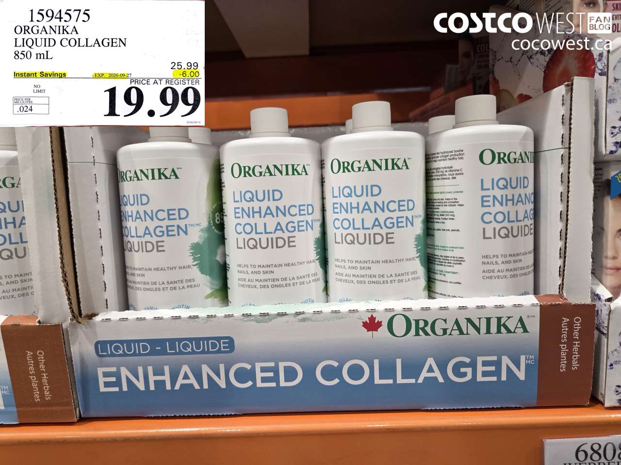 1594575 ORGANIKA LIQUID COLLAGEN 850 ML ($6.00 INSTANT SAVINGS EXPIRES ON 2026-09-27) $19.99