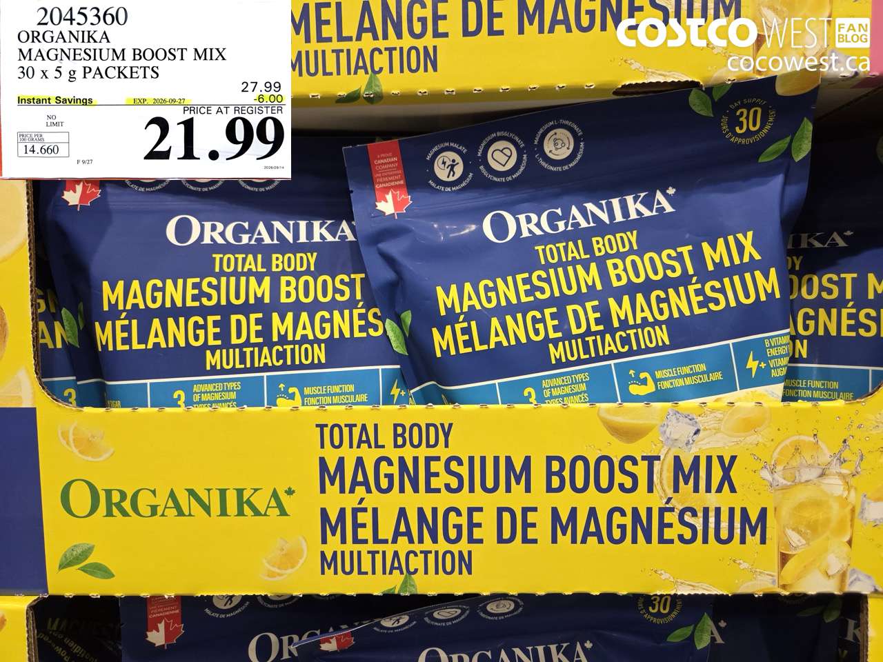2045360 ORGANIKA MAGNESIUM BOOST MIX 30 X 5 G PACKETS ($6.00 INSTANT SAVINGS EXPIRES ON 2026-09-27) $21.99