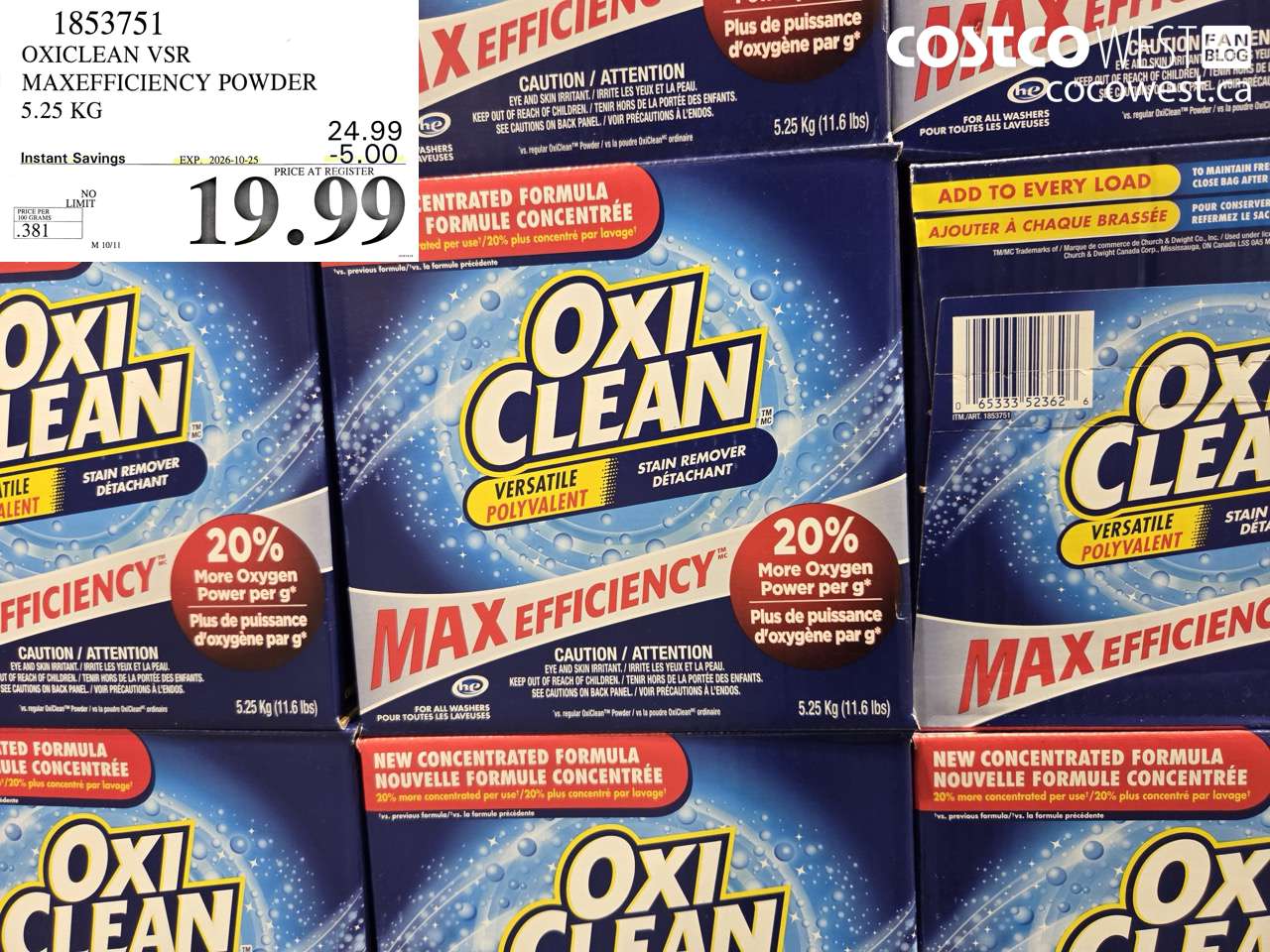 1853751 OXICLEAN VSR MAXEFFICIENCY POWDER 5.25 KG ($5.00 INSTANT SAVINGS EXPIRES ON 2026-10-25) $19.99
