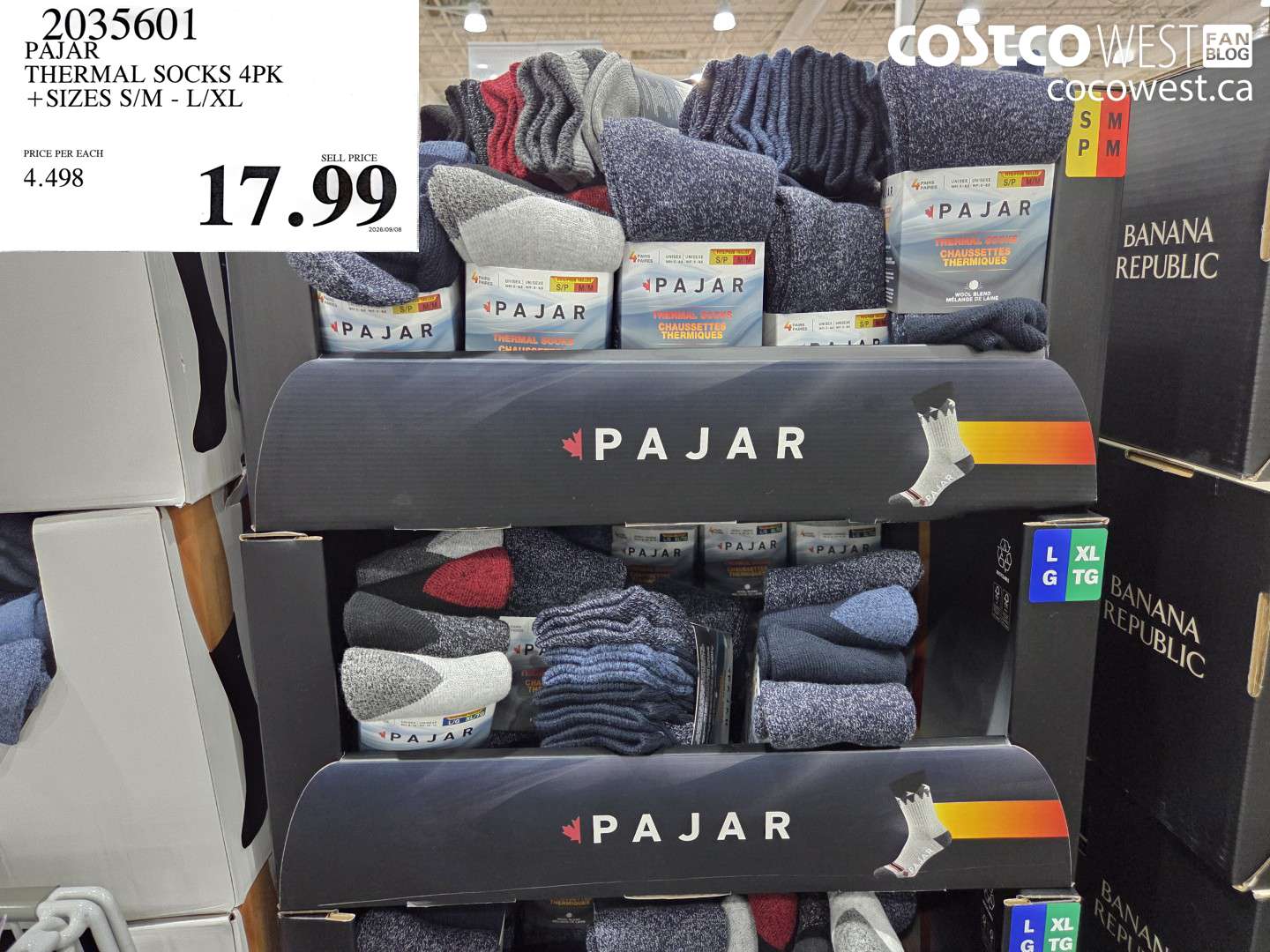 2035601 PAJAR THERMAL SOCKS 4PK + SIZES S/M - L/XL $17.99