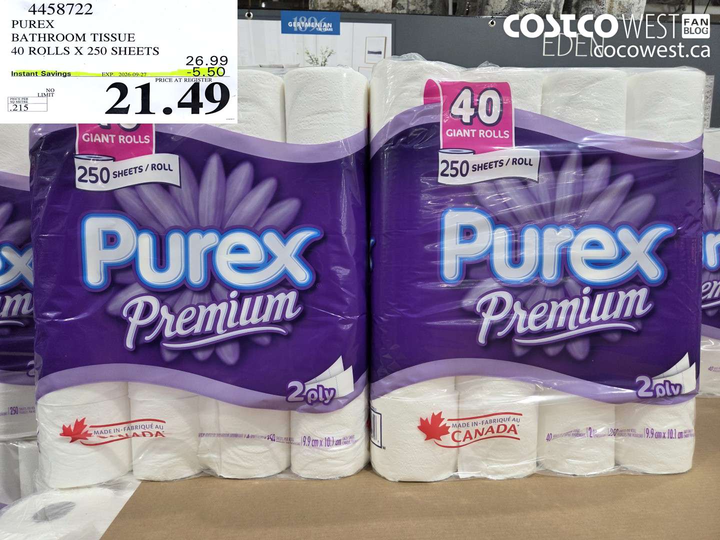 4458722 PUREX BATHROOM TISSUE 40 ROLLS X 250 SHEETS ($5.50 INSTANT SAVINGS EXPIRES ON 2026-09-27) $21.49