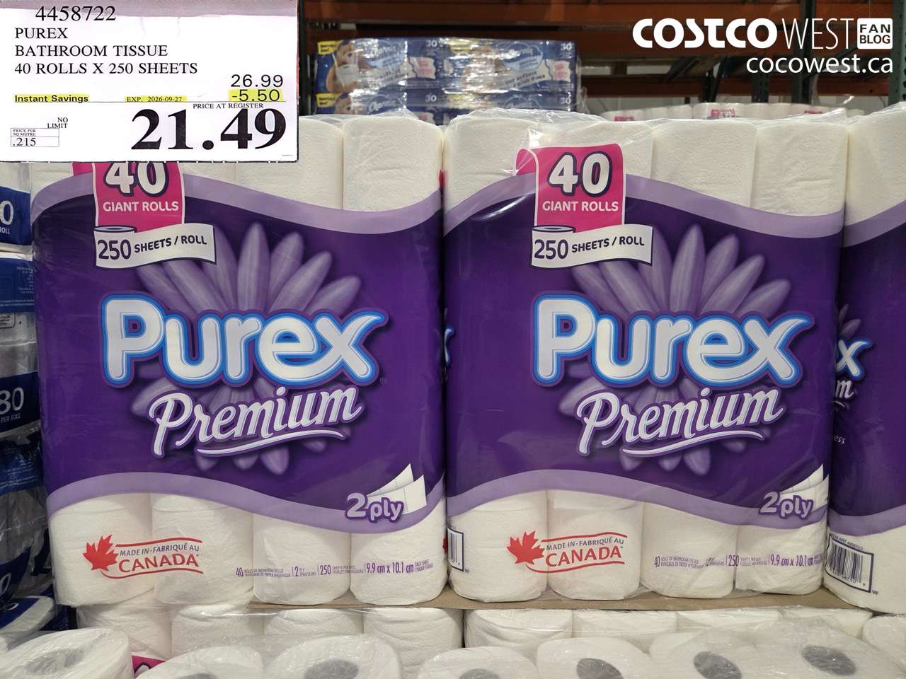 4458722 PUREX BATHROOM TISSUE 40 ROLLS X 250 SHEETS ($5.50 INSTANT SAVINGS EXPIRES ON 2026-09-27) $21.49