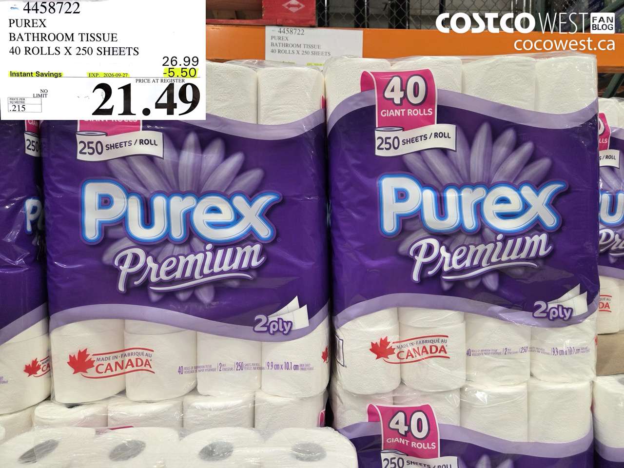 4458722 PUREX BATHROOM TISSUE 40 ROLLS X 250 SHEETS ($5.50 INSTANT SAVINGS EXPIRES ON 2026-09-27) $21.49