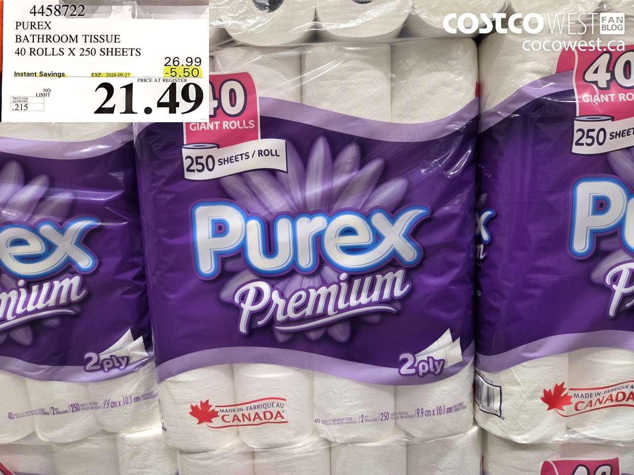 4458722 PUREX BATHROOM TISSUE 40 ROLLS X 250 SHEETS ($5.50 INSTANT SAVINGS EXPIRES ON 2026-09-27) $21.49