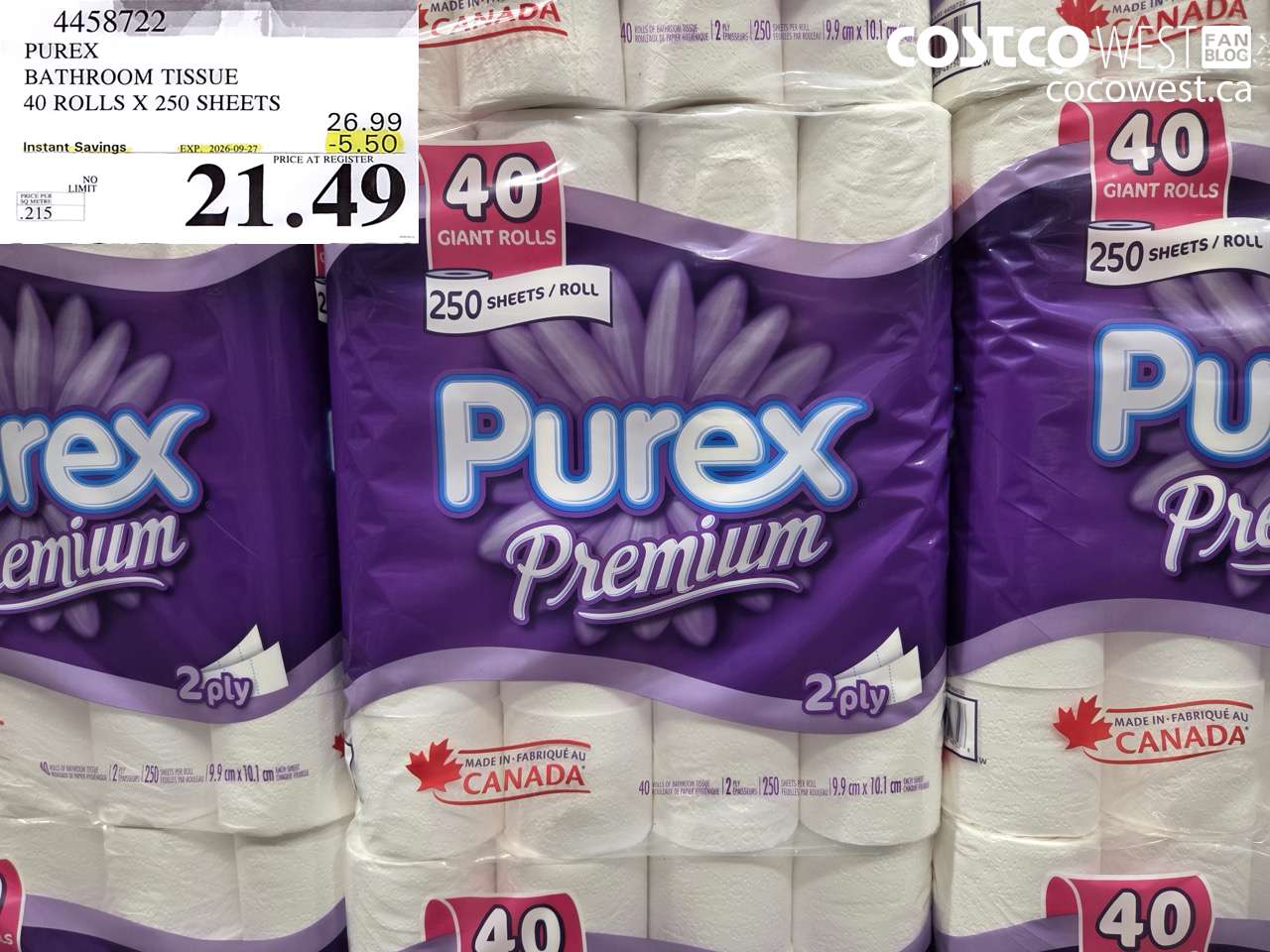 4458722 PUREX BATHROOM TISSUE 40 ROLLS X 250 SHEETS ($5.50 INSTANT SAVINGS EXPIRES ON 2026-09-27) $21.49