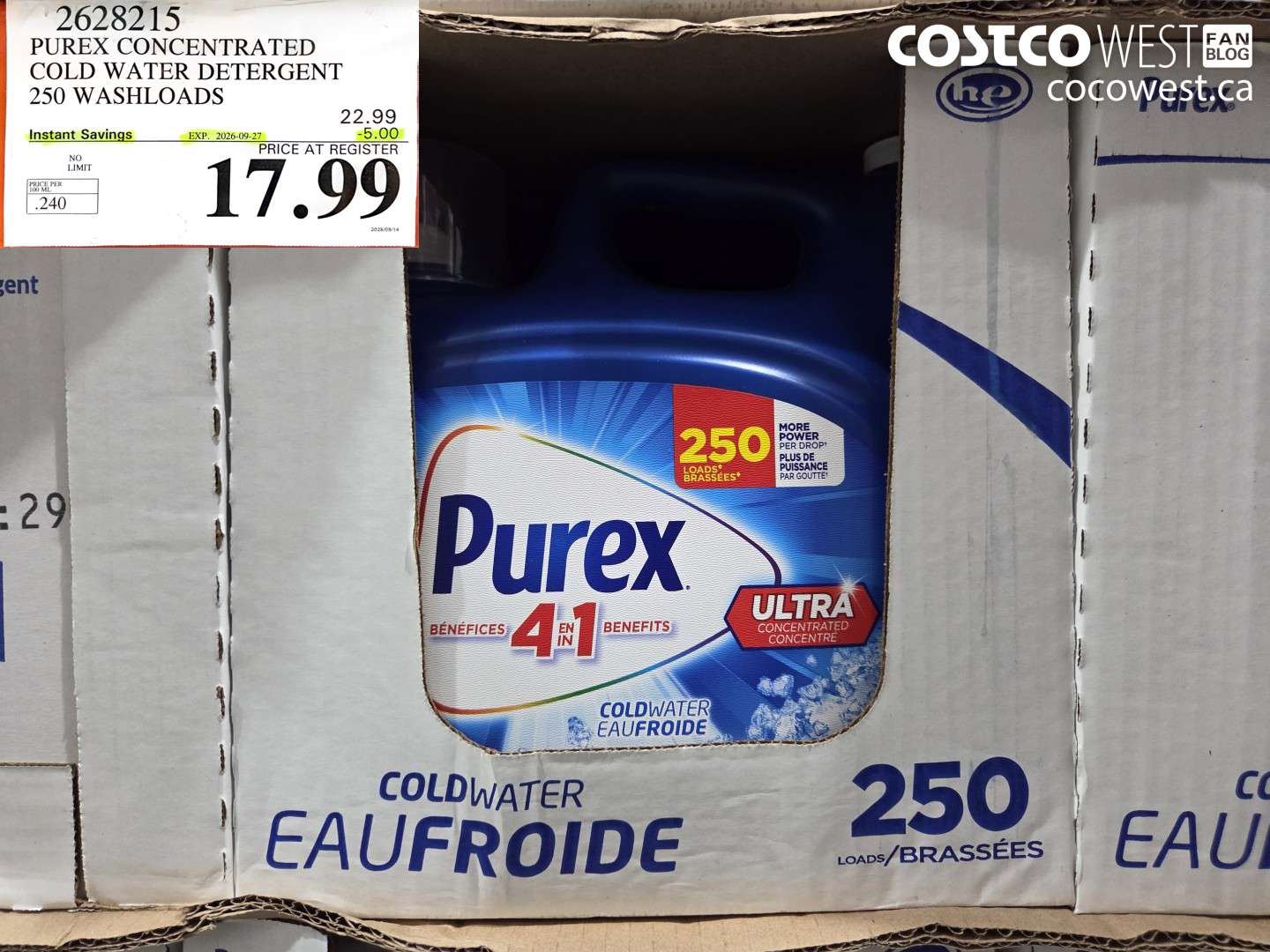 2628215 PUREX CONCENTRATED COLD WATER DETERGENT 250 WASHLOADS ($5.00 INSTANT SAVINGS EXPIRES ON 2026-09-27) $17.99