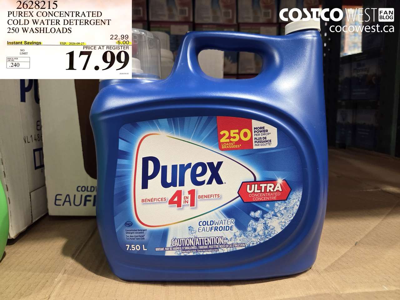 2628215 PUREX CONCENTRATED COLD WATER DETERGENT 250 WASHLOADS ($5.00 INSTANT SAVINGS EXPIRES ON 2026-09-27) $17.99