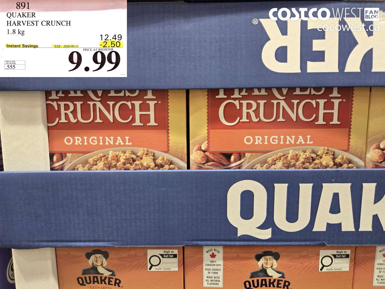 891 QUAKER HARVEST CRUNCH 1.8 KG ($2.50 INSTANT SAVINGS EXPIRES ON 2026-09-13) $9.99