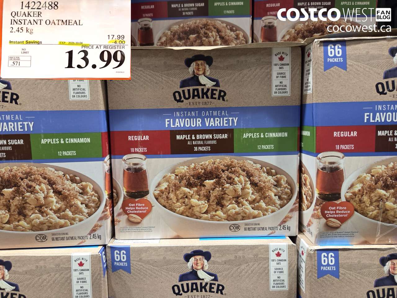 1422488 QUAKER INSTANT OATMEAL 2.45 KG ($4.00 INSTANT SAVINGS EXPIRES ON 2026-10-04) $13.99