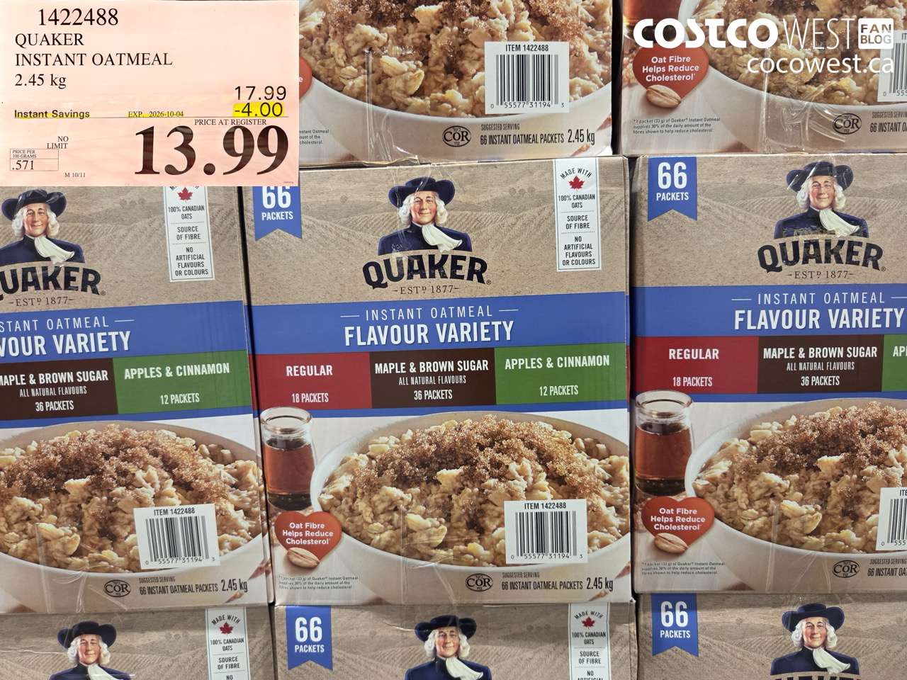 1422488 QUAKER INSTANT OATMEAL 2.45 KG ($4.00 INSTANT SAVINGS EXPIRES ON 2026-10-04) $13.99