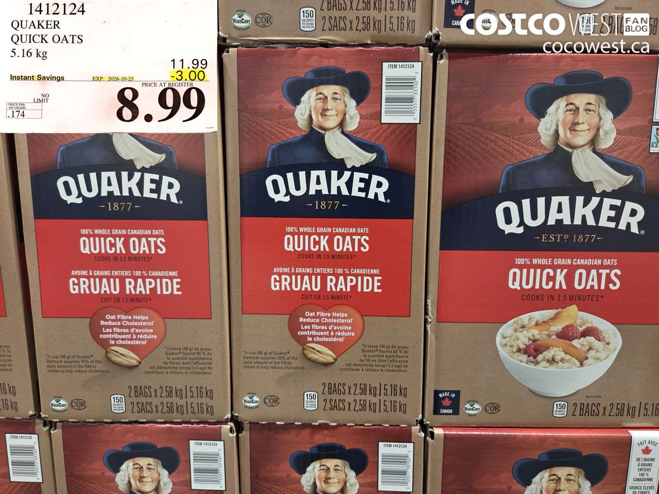 1412124 QUAKER QUICK OATS 5.16 KG ($3.00 INSTANT SAVINGS EXPIRES ON 2026-10-25) $8.99
