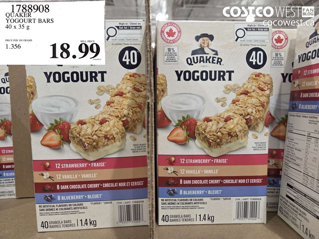 1788908 QUAKER YOGOURT BARS 40 X 35 G $18.99