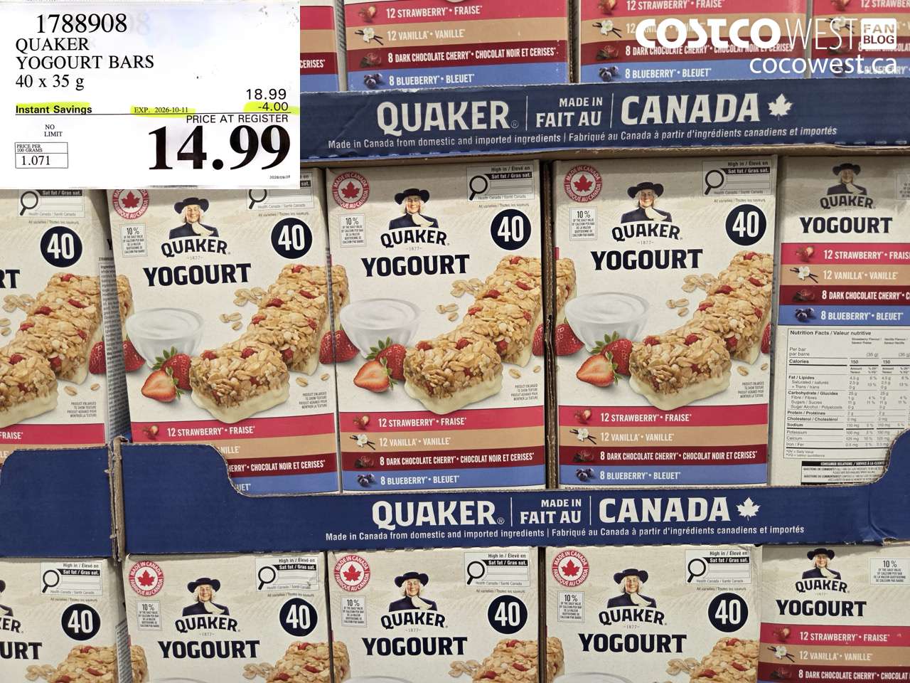 1788908 QUAKER YOGOURT BARS 40 X 35 G ($4.00 INSTANT SAVINGS EXPIRES ON 2026-10-11) $14.99