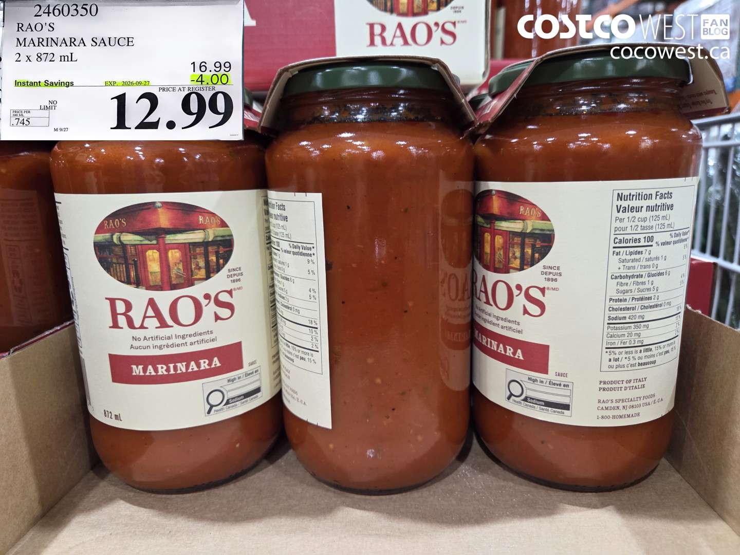 2460350 RAO'S MARINARA SAUCE 2 X 872 ML ($4.00 INSTANT SAVINGS EXPIRES ON 2026-09-27) $12.99