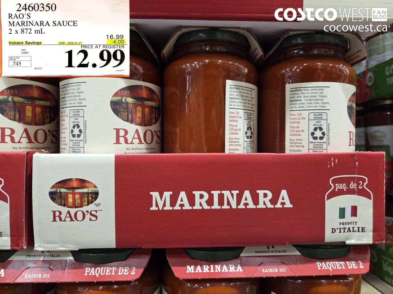 2460350 RAO'S MARINARA SAUCE 2 X 872 ML ($4.00 INSTANT SAVINGS EXPIRES ON 2026-09-27) $12.99