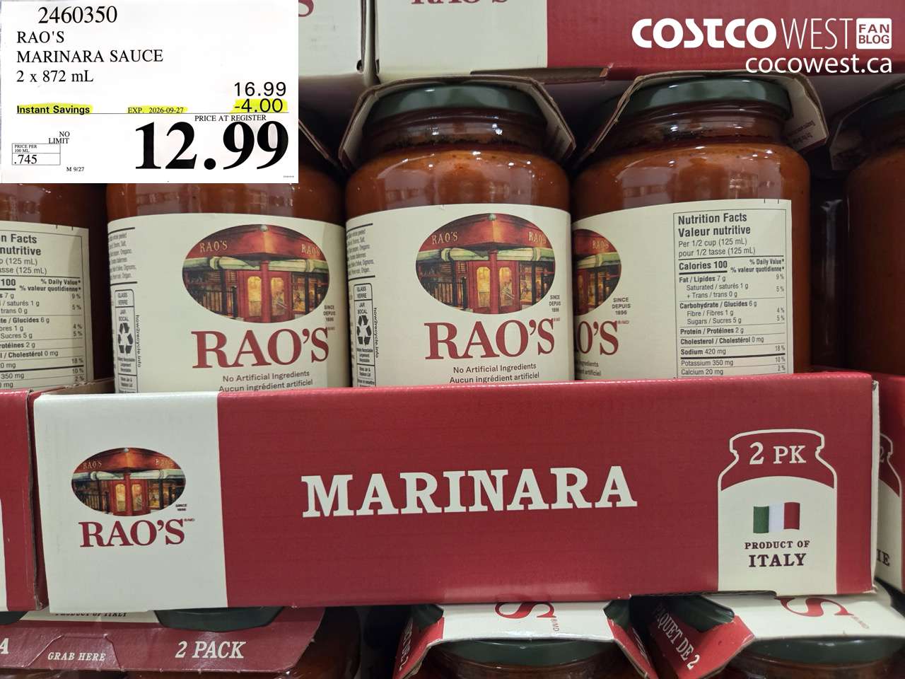2460350 RAO'S MARINARA SAUCE 2 X 872 ML ($4.00 INSTANT SAVINGS EXPIRES ON 2026-09-27) $12.99