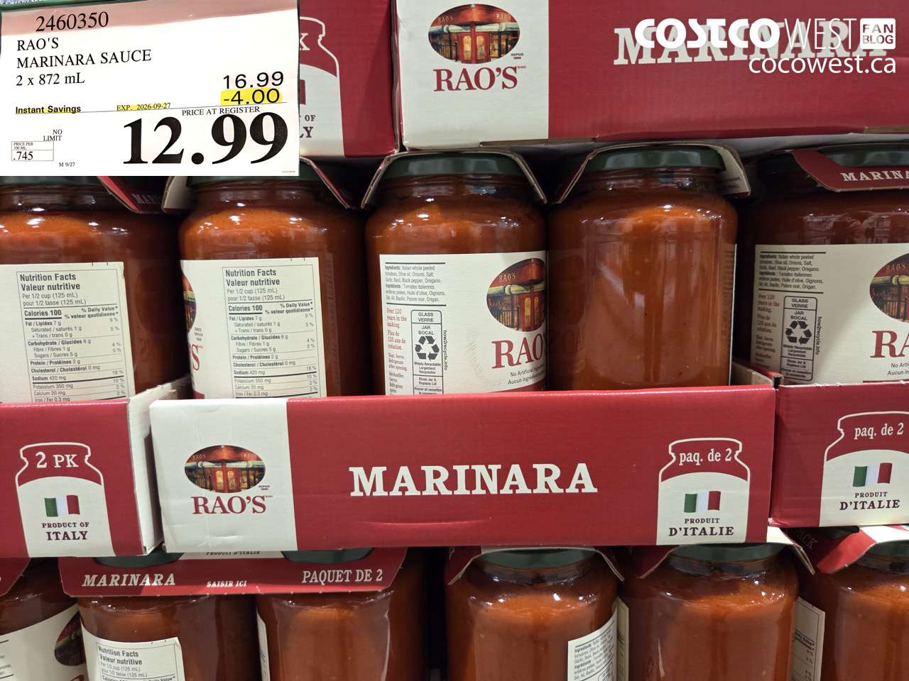 2460350 RAO'S MARINARA SAUCE 2 X 872 ML ($4.00 INSTANT SAVINGS EXPIRES ON 2026-09-27) $12.99