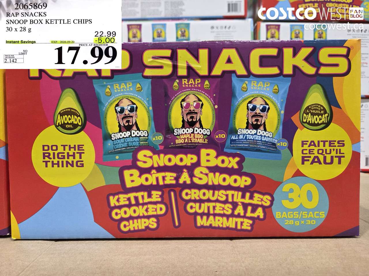2065869 RAP SNACKS SNOOP BOX KETTLE CHIPS 30 X 28 G ($5.00 INSTANT SAVINGS EXPIRES ON 2026-09-20) $17.99