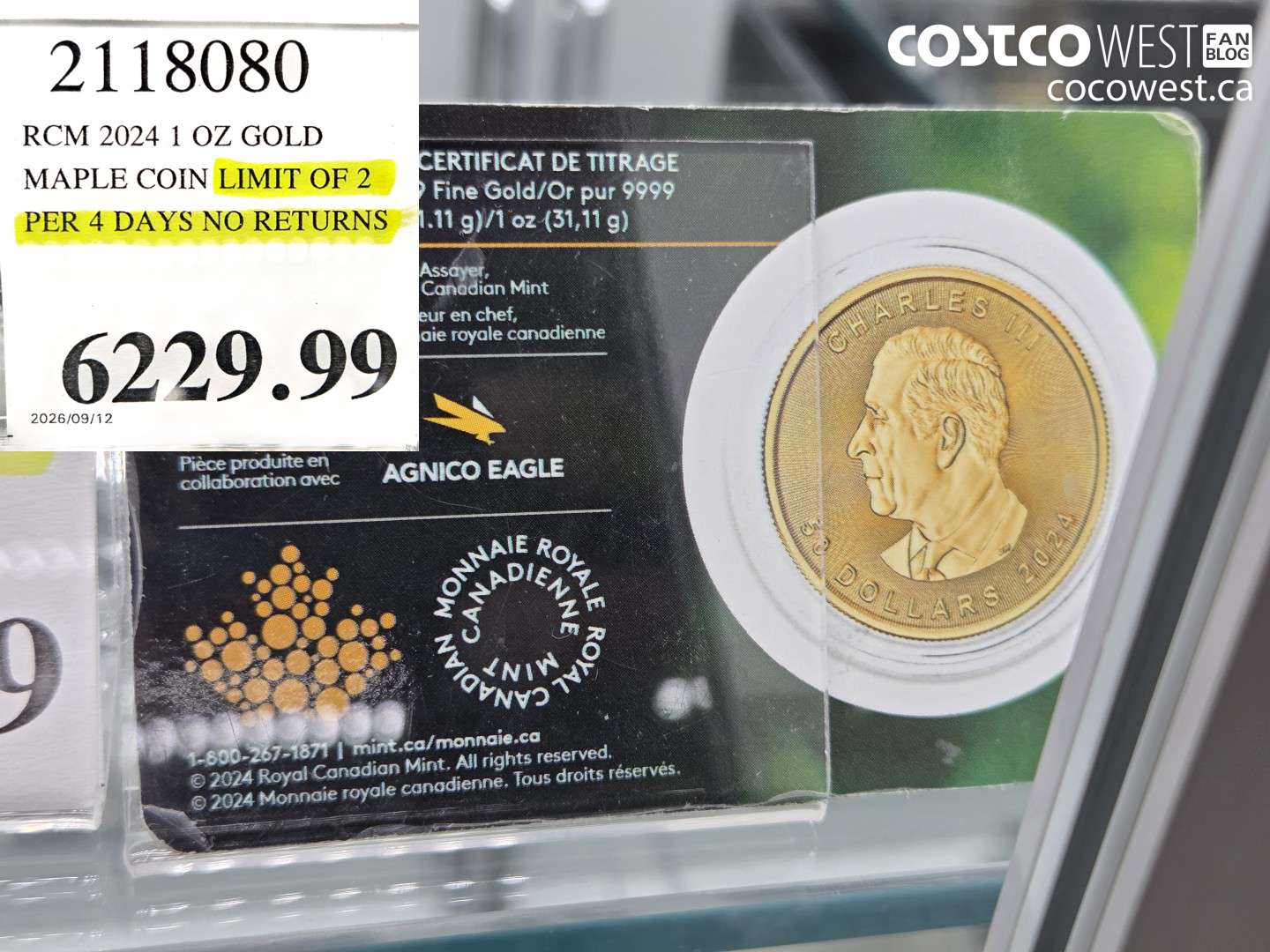 2118080 RCM 2024 1 OZ GOLD MAPLE COIN $6229.99