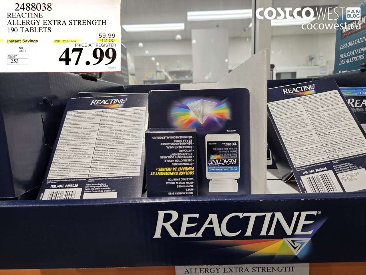 2488038 REACTINE ALLERGY EXTRA STRENGTH 190 TABLETS ($12.00 INSTANT SAVINGS EXPIRES ON 2026-10-04) $47.99