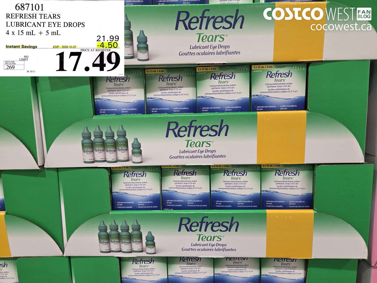 687101 REFRESH TEARS LUBRICANT EYE DROPS 4 X 15 ML + 5 ML ($4.50 INSTANT SAVINGS EXPIRES ON 2026-10-25) $17.49